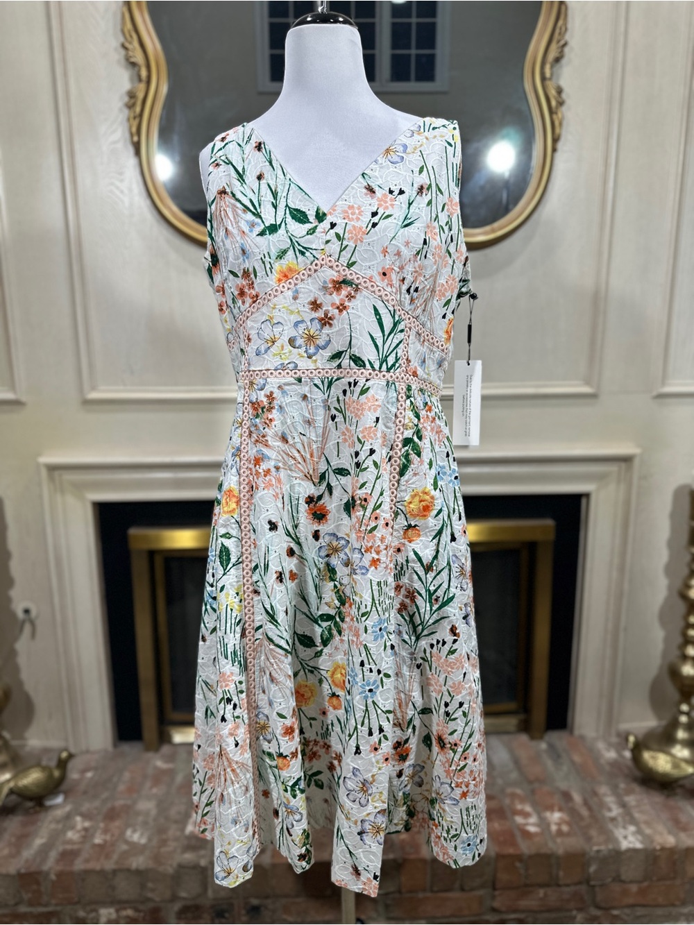 Calvin Klein Dress 14 Floral Eyelet Embroidered Midi Cottagecore Garden Party